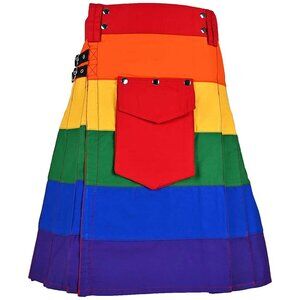 Hybrid Utility Rainbow Kilt with Removable Cargo Pocket Men Cotton Scottish Kilt